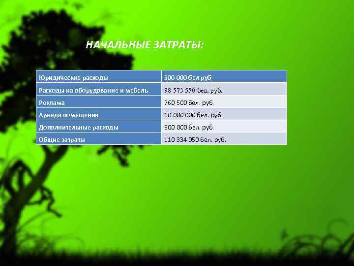 НАЧАЛЬНЫЕ ЗАТРАТЫ: Юридические расходы 500 000 бел руб Расходы на оборудование и мебель 98