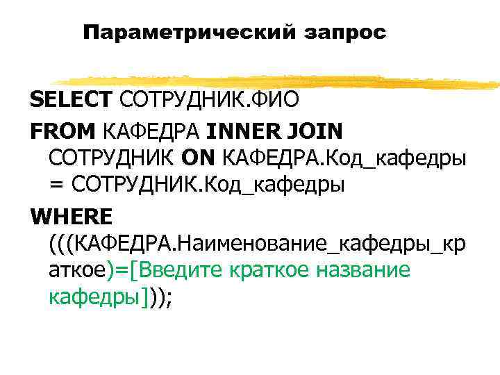 Параметрический запрос SELECT СОТРУДНИК. ФИО FROM КАФЕДРА INNER JOIN СОТРУДНИК ON КАФЕДРА. Код_кафедры =
