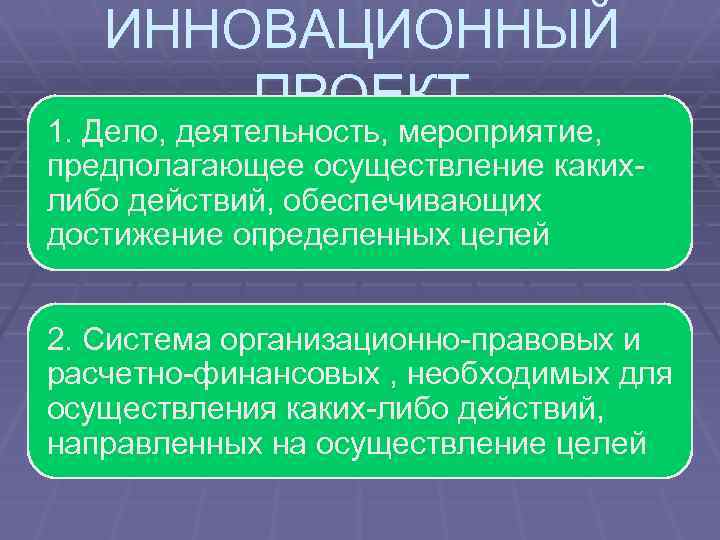 ИННОВАЦИОННЫЙ ПРОЕКТ 1. Дело, деятельность, мероприятие, предполагающее осуществление какихлибо действий, обеспечивающих достижение определенных целей