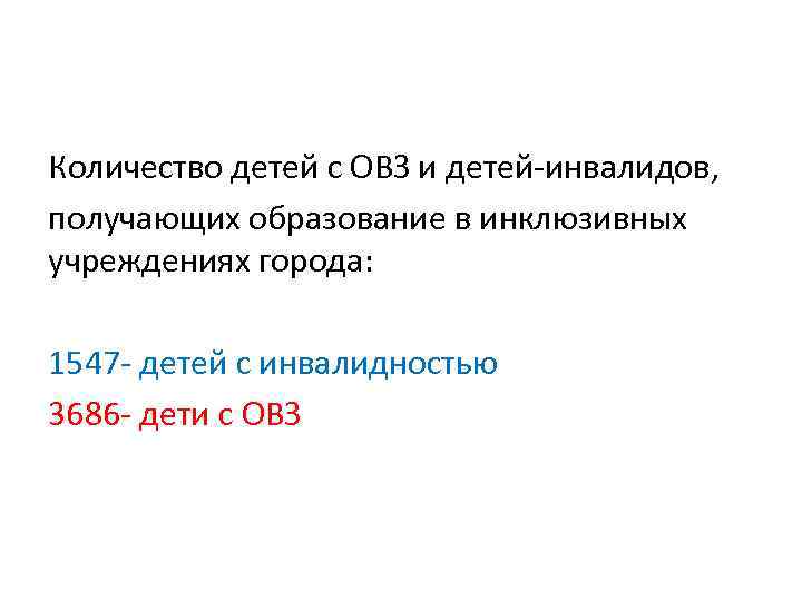 Количество детей с ОВЗ и детей-инвалидов, получающих образование в инклюзивных учреждениях города: 1547 -