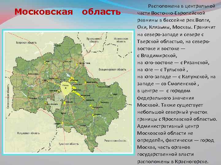 Московская область Расположена в центральной части Восточно-Европейской равнины в бассейне рек Волги, Оки, Клязьмы,
