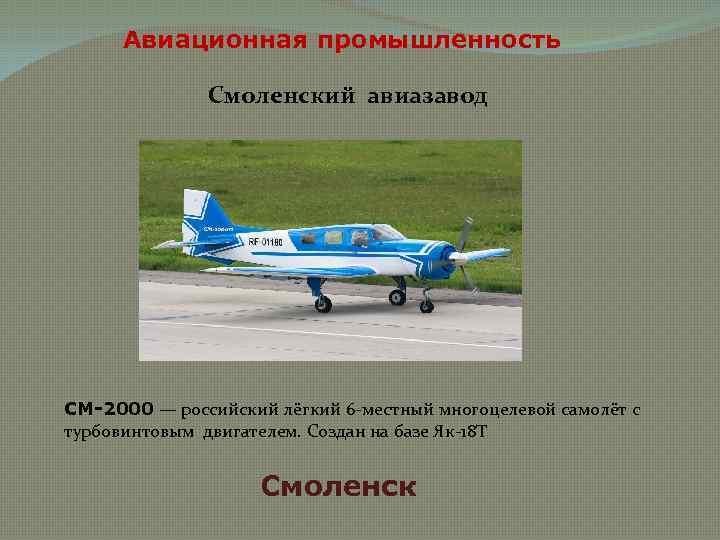 Авиационная промышленность Смоленский авиазавод СМ-2000 — российский лёгкий 6 -местный многоцелевой самолёт с турбовинтовым