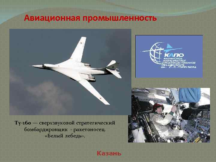 Авиационная промышленность Ту-160 — сверхзвуковой стратегический бомбардировщик - ракетоносец. «Белый лебедь» . Казань 
