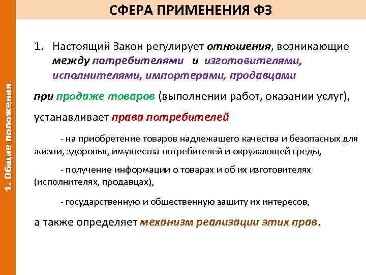 СФЕРА ПРИМЕНЕНИЯ ФЗ 1. Общие положения 1. Настоящий Закон регулирует отношения, возникающие между потребителями