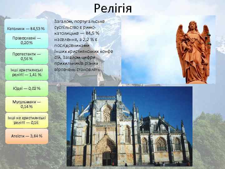 Релігія Католики — 84, 53 % Православні — 0, 20 % Протестанти — 0,