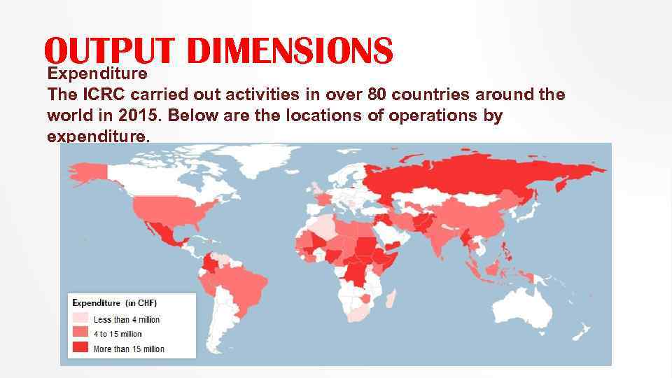 OUTPUT DIMENSIONS Expenditure The ICRC carried out activities in over 80 countries around the