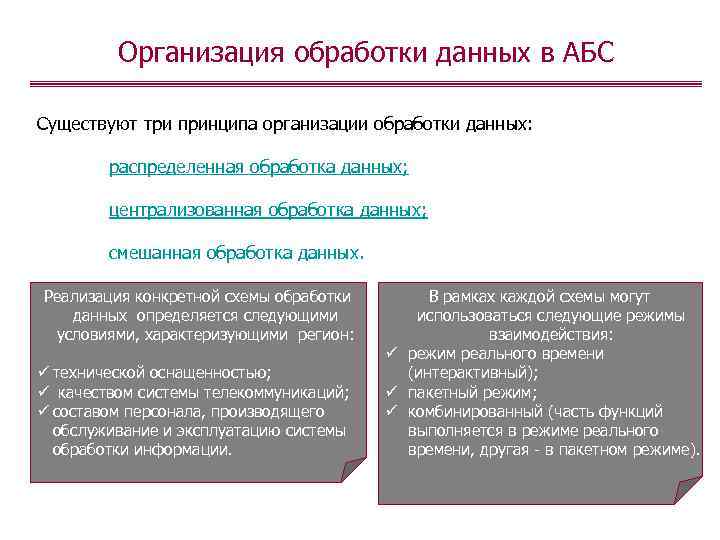 Организация обработки данных в АБС Существуют три принципа организации обработки данных: распределенная обработка данных;