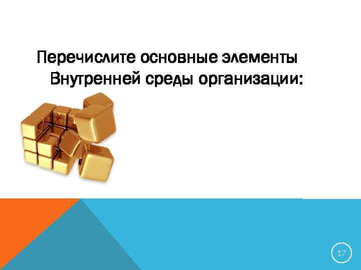 Перечислите основные элементы Внутренней среды организации: 17 