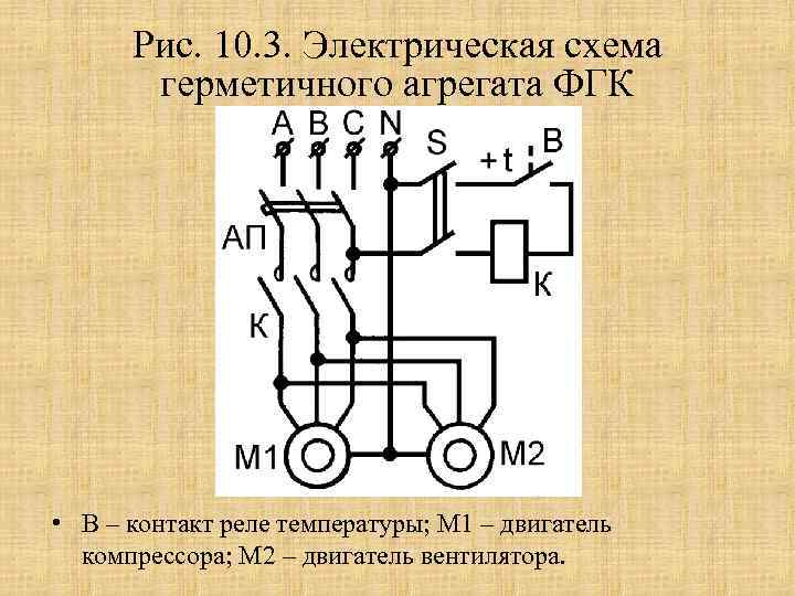 Рис. 10. 3. Электрическая схема герметичного агрегата ФГК • В – контакт реле температуры;