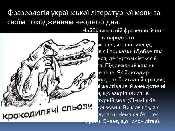 Фразеологія української літературної мови за своїм походженням неоднорідна. Найбільше в ній фразеологічних одиниць народного