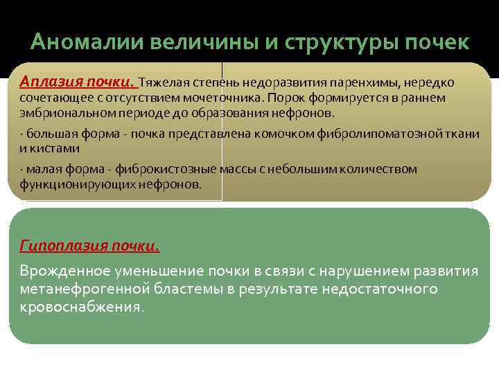 Аномалии величины и структуры почек Аплазия почки. Тяжелая степень недоразвития паренхимы, нередко сочетающее с