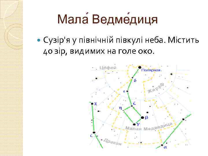 Мала Ведме диця Сузір'я у північній півкулі неба. Містить 40 зір, видимих на голе
