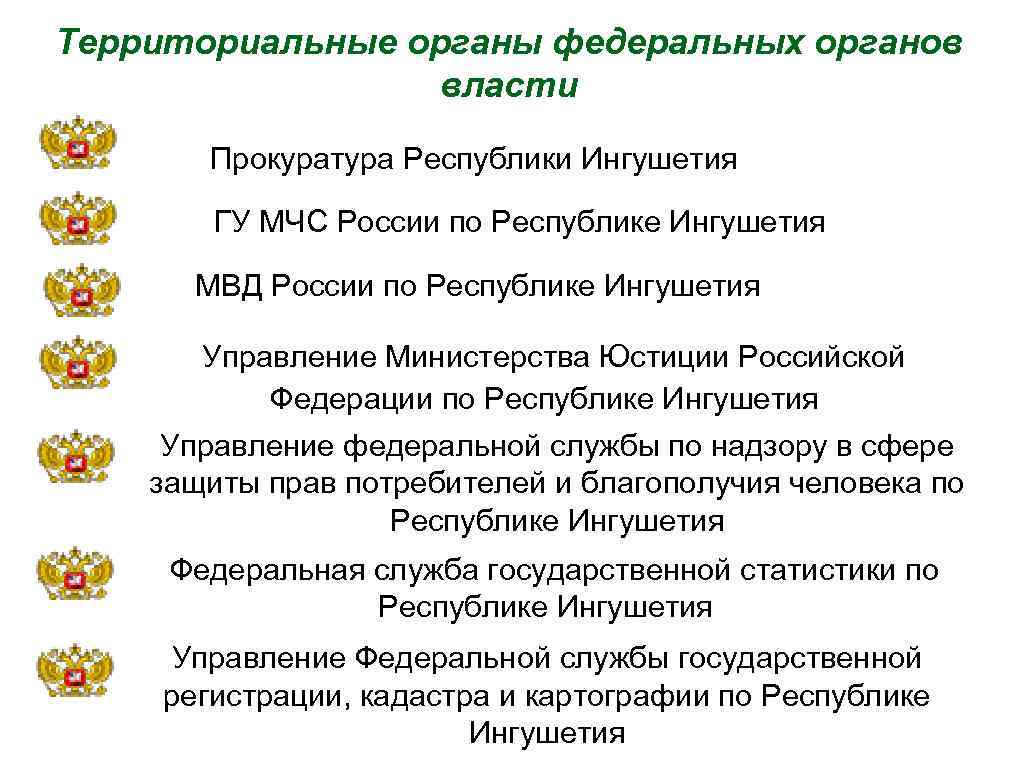 Территориальные органы федеральных органов власти Прокуратура Республики Ингушетия ГУ МЧС России по Республике Ингушетия