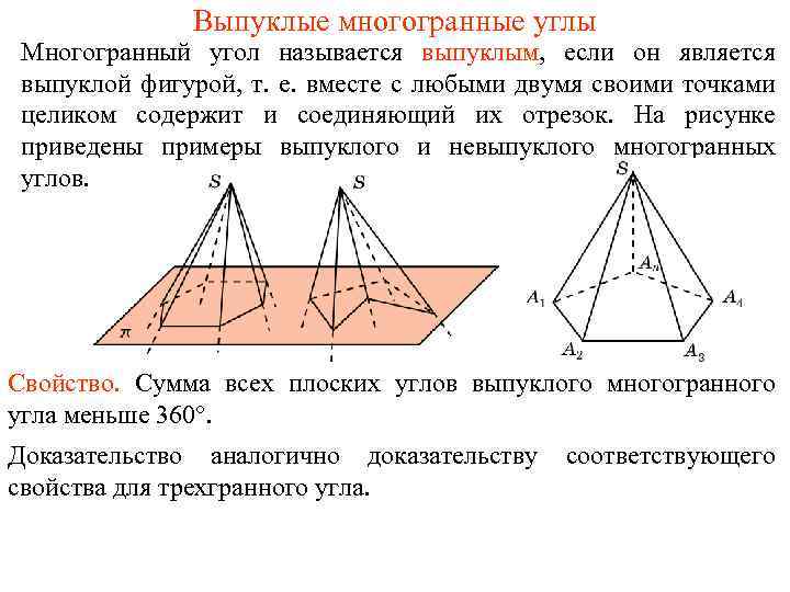 Выпуклые многогранные углы Многогранный угол называется выпуклым, если он является выпуклой фигурой, т. е.