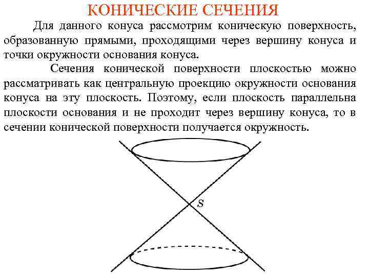 КОНИЧЕСКИЕ СЕЧЕНИЯ Для данного конуса рассмотрим коническую поверхность, образованную прямыми, проходящими через вершину конуса