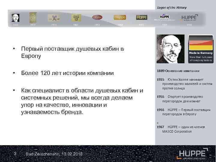 Logos of the history Masco Family – eine starke Familie HÜPPE Unternehmenspräsentation • Первый
