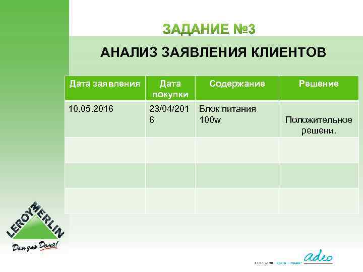 АНАЛИЗ ЗАЯВЛЕНИЯ КЛИЕНТОВ Дата заявления 10. 05. 2016 Дата покупки 23/04/201 6 Содержание Блок