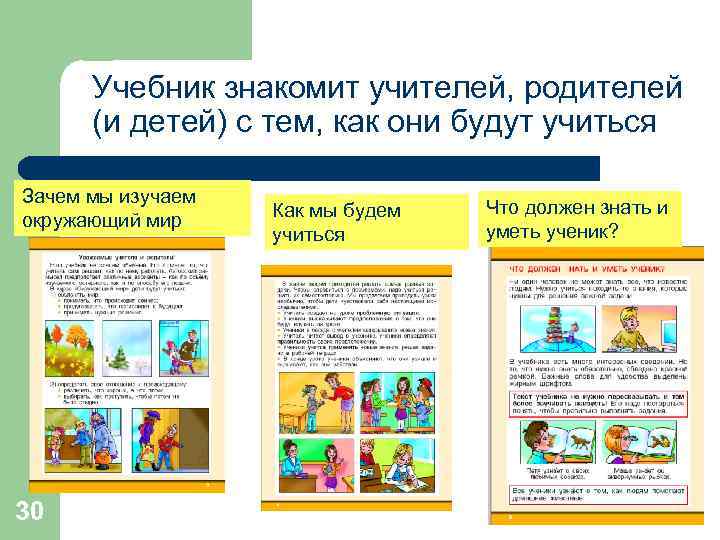 Учебник знакомит учителей, родителей (и детей) с тем, как они будут учиться Зачем мы
