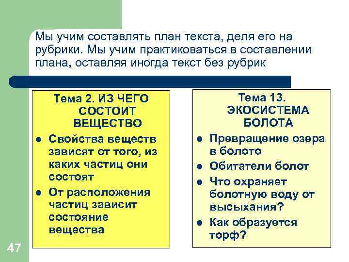 Мы учим составлять план текста, деля его на рубрики. Мы учим практиковаться в составлении