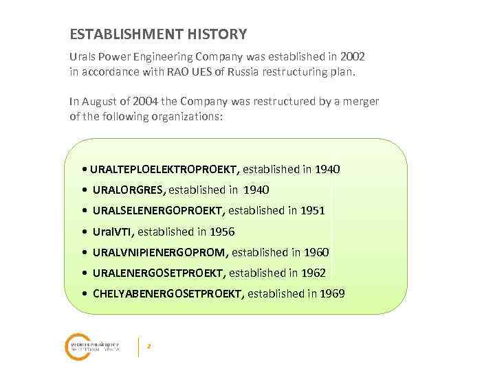 ESTABLISHMENT HISTORY Urals Power Engineering Company was established in 2002 in accordance with RAO
