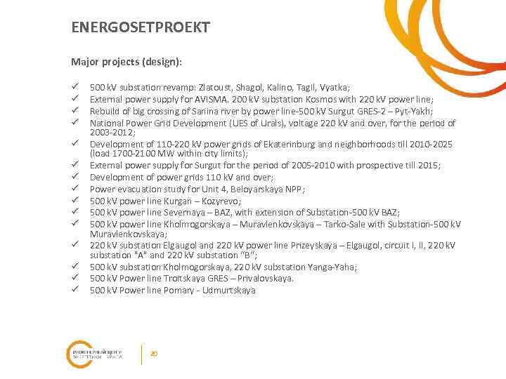 ENERGOSETPROEKT Major projects (design): ü ü ü ü 500 k. V substation revamp: Zlatoust,