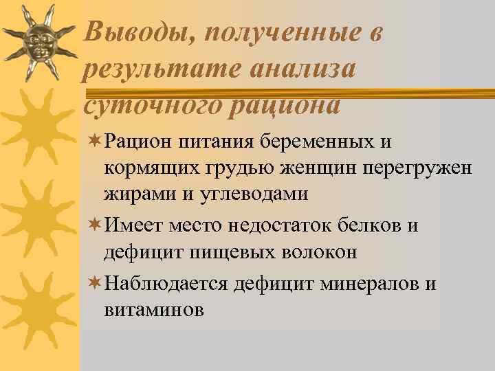 Выводы, полученные в результате анализа суточного рациона ¬Рацион питания беременных и кормящих грудью женщин