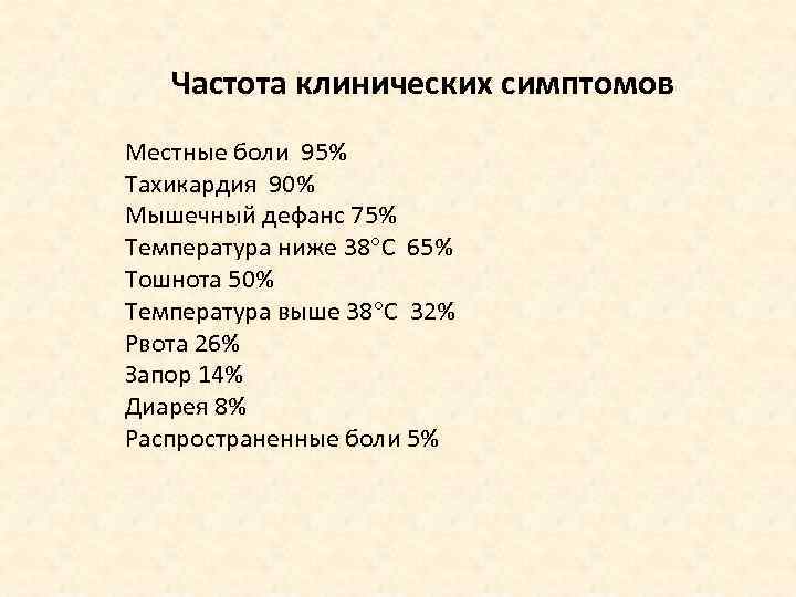 Частота клинических симптомов Местные боли 95% Тахикардия 90% Мышечный дефанс 75% Температура ниже 38