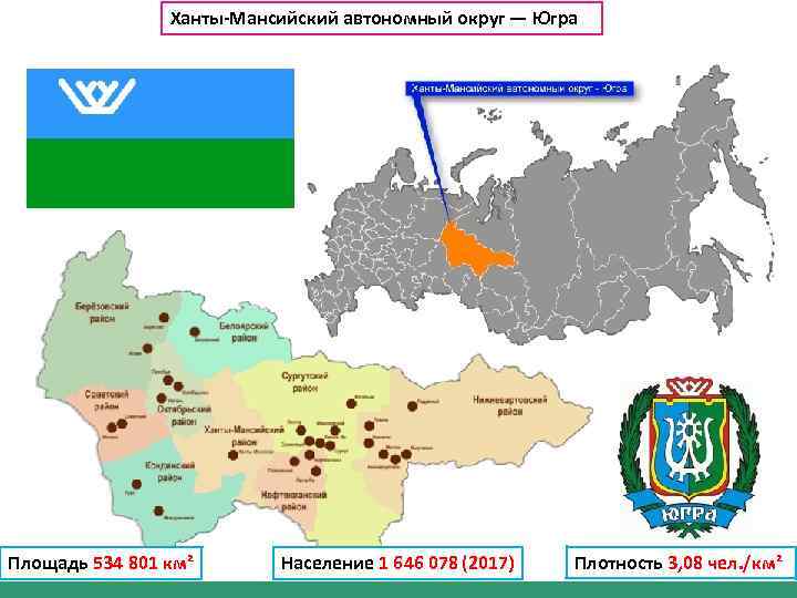 Ханты-Мансийский автономный округ — Югра Площадь 534 801 км² Население 1 646 078 (2017)