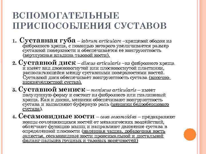 ВСПОМОГАТЕЛЬНЫЕ ПРИСПОСОБЛЕНИЯ СУСТАВОВ 1. Суставная губа – labrum articulare –хрящевой ободок из фиброзного хряща,