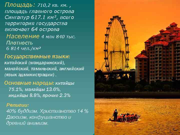 Площадь: 710, 2 кв. км. , площадь главного острова Сингапур 617. 1 км², всего