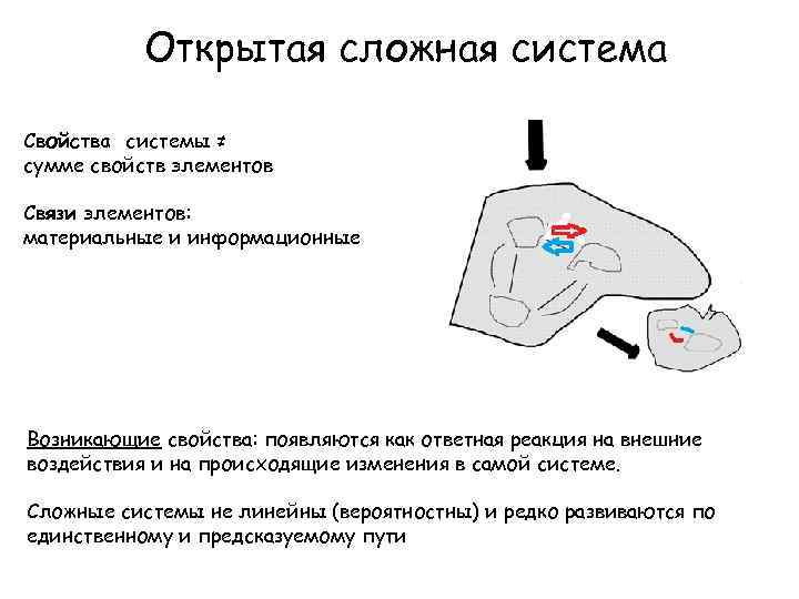 Открытая сложная система Свойства системы ≠ сумме свойств элементов Связи элементов: материальные и информационные