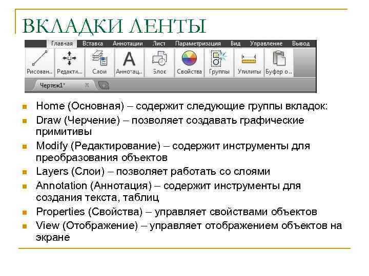 ВКЛАДКИ ЛЕНТЫ n n n n Home (Основная) – содержит следующие группы вкладок: Draw