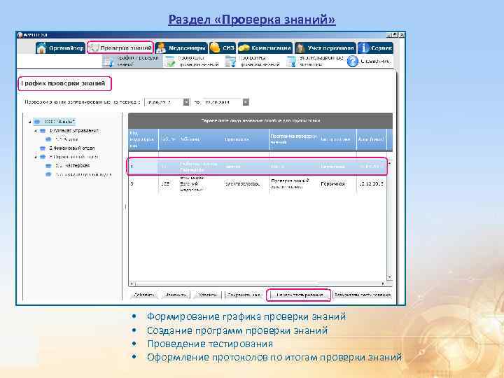 Раздел «Проверка знаний» • • Формирование графика проверки знаний Создание программ проверки знаний Проведение
