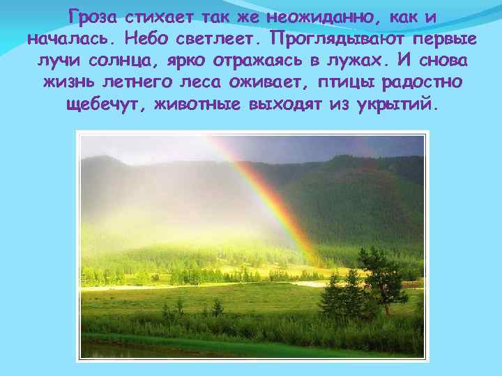 Гроза стихает так же неожиданно, как и началась. Небо светлеет. Проглядывают первые лучи солнца,