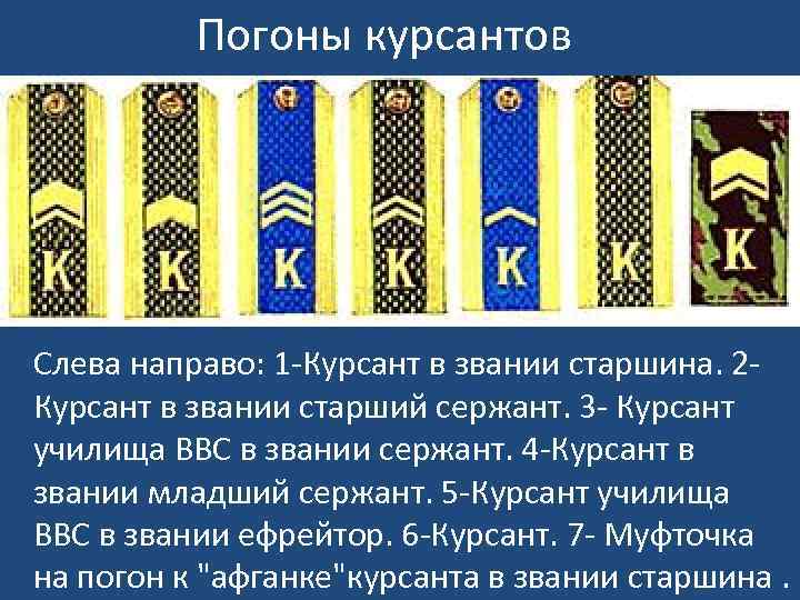 Погоны курсантов Слева направо: 1 -Курсант в звании старшина. 2 Курсант в звании старший