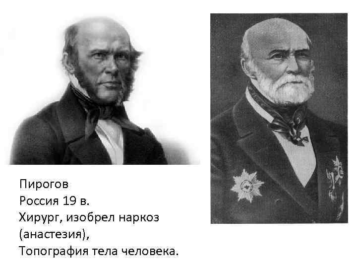 Пирогов Россия 19 в. Хирург, изобрел наркоз (анастезия), Топография тела человека. 