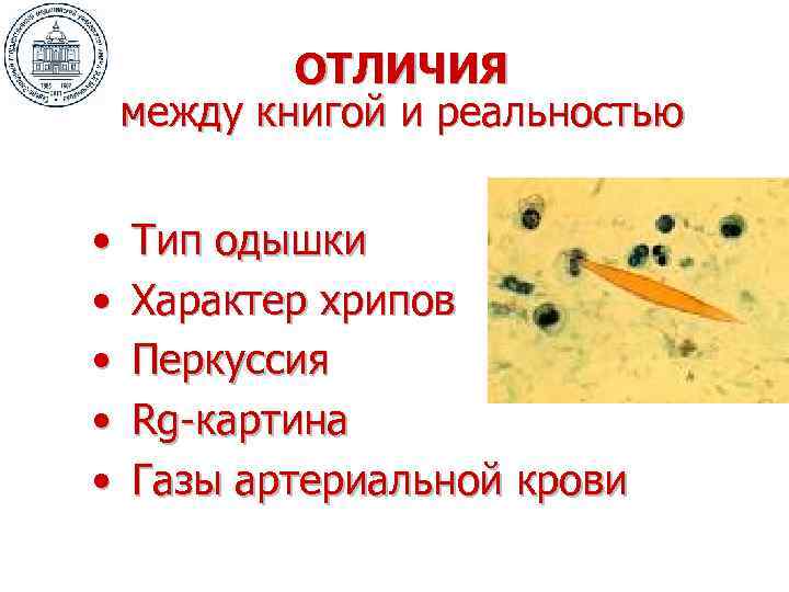 ОТЛИЧИЯ между книгой и реальностью • • • Тип одышки Характер хрипов Перкуссия Rg-картина