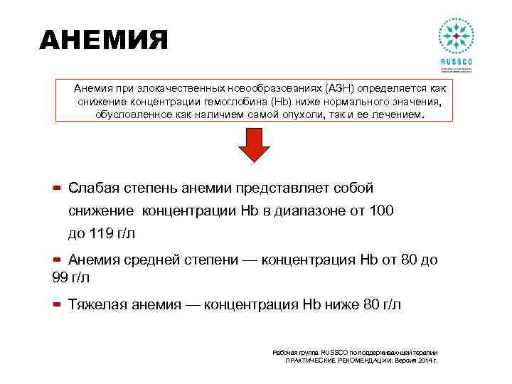 АНЕМИЯ Анемия при злокачественных новообразованиях (АЗН) определяется как снижение концентрации гемоглобина (Hb) ниже нормального