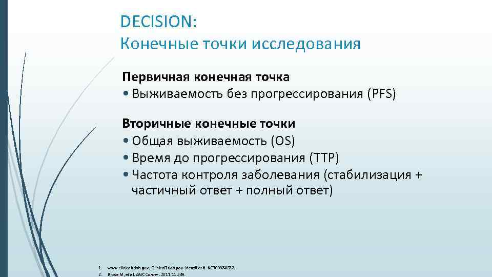 DECISION: Конечные точки исследования Первичная конечная точка • Выживаемость без прогрессирования (PFS) Вторичные конечные