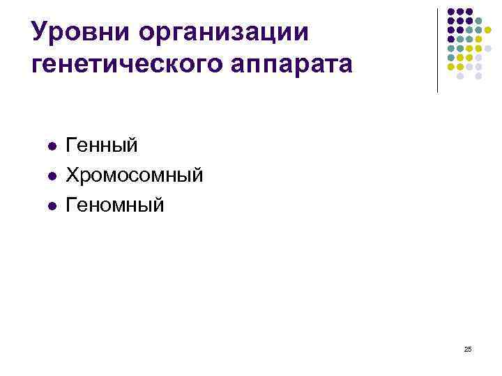 Уровни организации генетического аппарата l l l Генный Хромосомный Геномный 25 