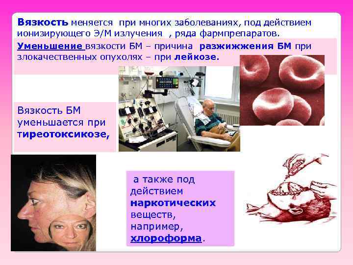 Вязкость меняется при многих заболеваниях, под действием ионизирующего Э/М излучения , ряда фармпрепаратов. Уменьшение