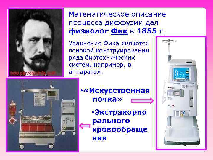 Математическое описание процесса диффузии дал физиолог Фик в 1855 г. Уравнение Фика является основой