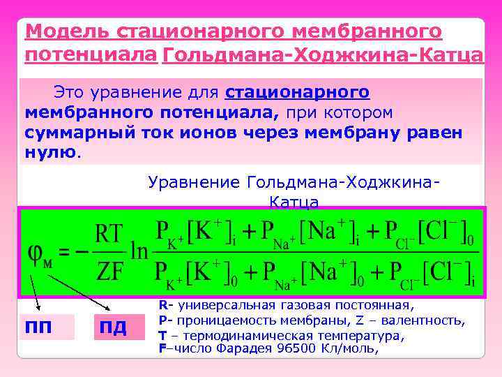 Модель стационарного мембранного потенциала Гольдмана-Ходжкина-Катца Это уравнение для стационарного мембранного потенциала, при котором суммарный