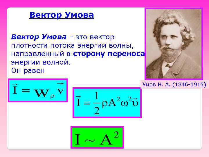 Вектор Умова – это вектор плотности потока энергии волны, направленный в сторону переноса энергии