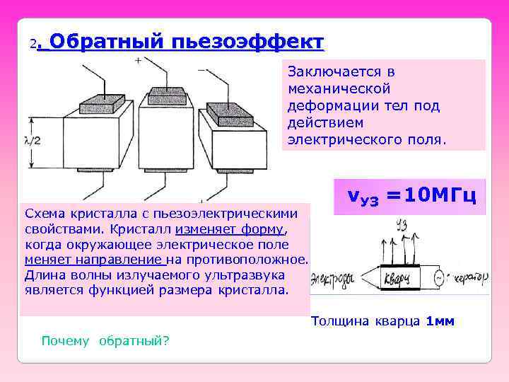 2. Обратный пьезоэффект Заключается в механической деформации тел под действием электрического поля. Схема кристалла