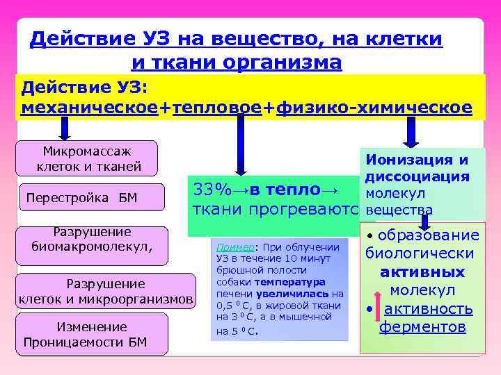Действие УЗ на вещество, на клетки и ткани организма Действие УЗ: механическое+тепловое+физико-химическое Микромассаж клеток