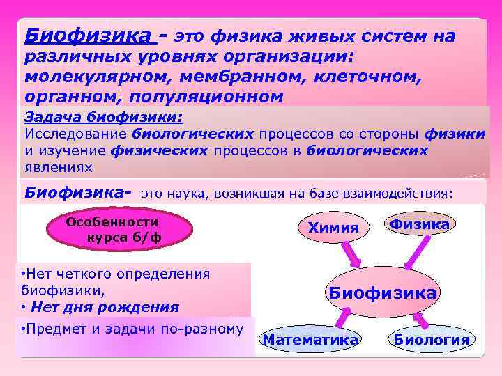 Биофизика - это физика живых систем на различных уровнях организации: молекулярном, мембранном, клеточном, органном,