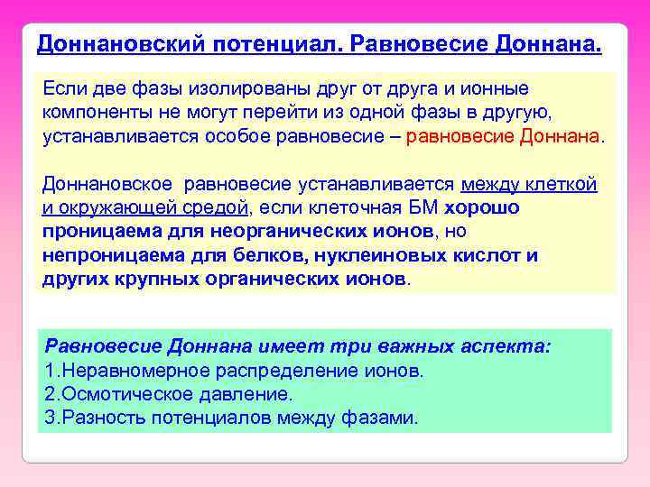 Доннановский потенциал. Равновесие Доннана. Если две фазы изолированы друг от друга и ионные компоненты