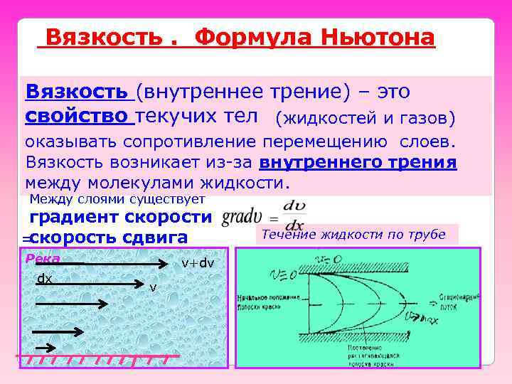  Вязкость. Формула Ньютона Вязкость (внутреннее трение) – это свойство текучих тел (жидкостей и