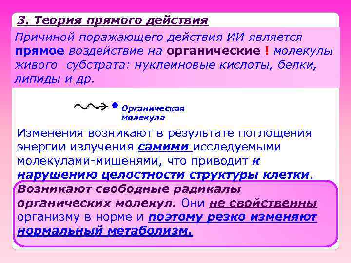 3. Теория прямого действия Причиной поражающего действия ИИ является прямое воздействие на органические !